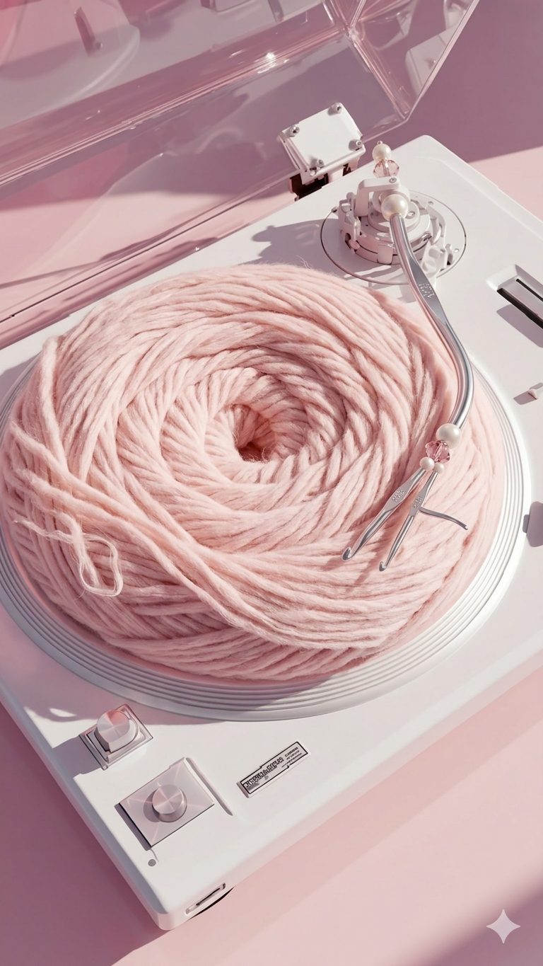 Pelote de laine rose et crochets sur tourne-disque